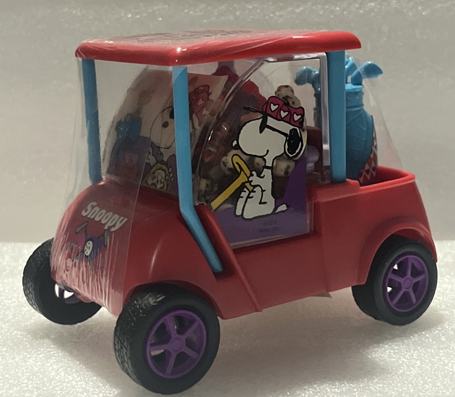 Galerie 2001 Peanuts Snoopy & Woodstock Golf Cart, Tart Candy Roll VTG Container