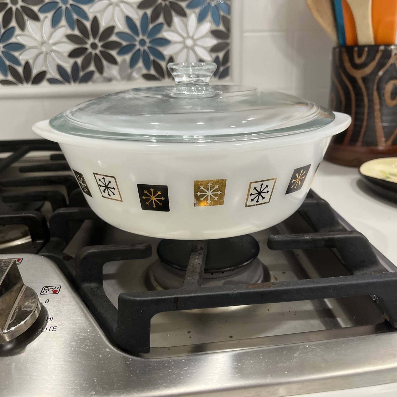 Vtg MCM Inland Glass Casserole Dish Atomic Snowflake Black Gold/Pyrex 475-C Lid