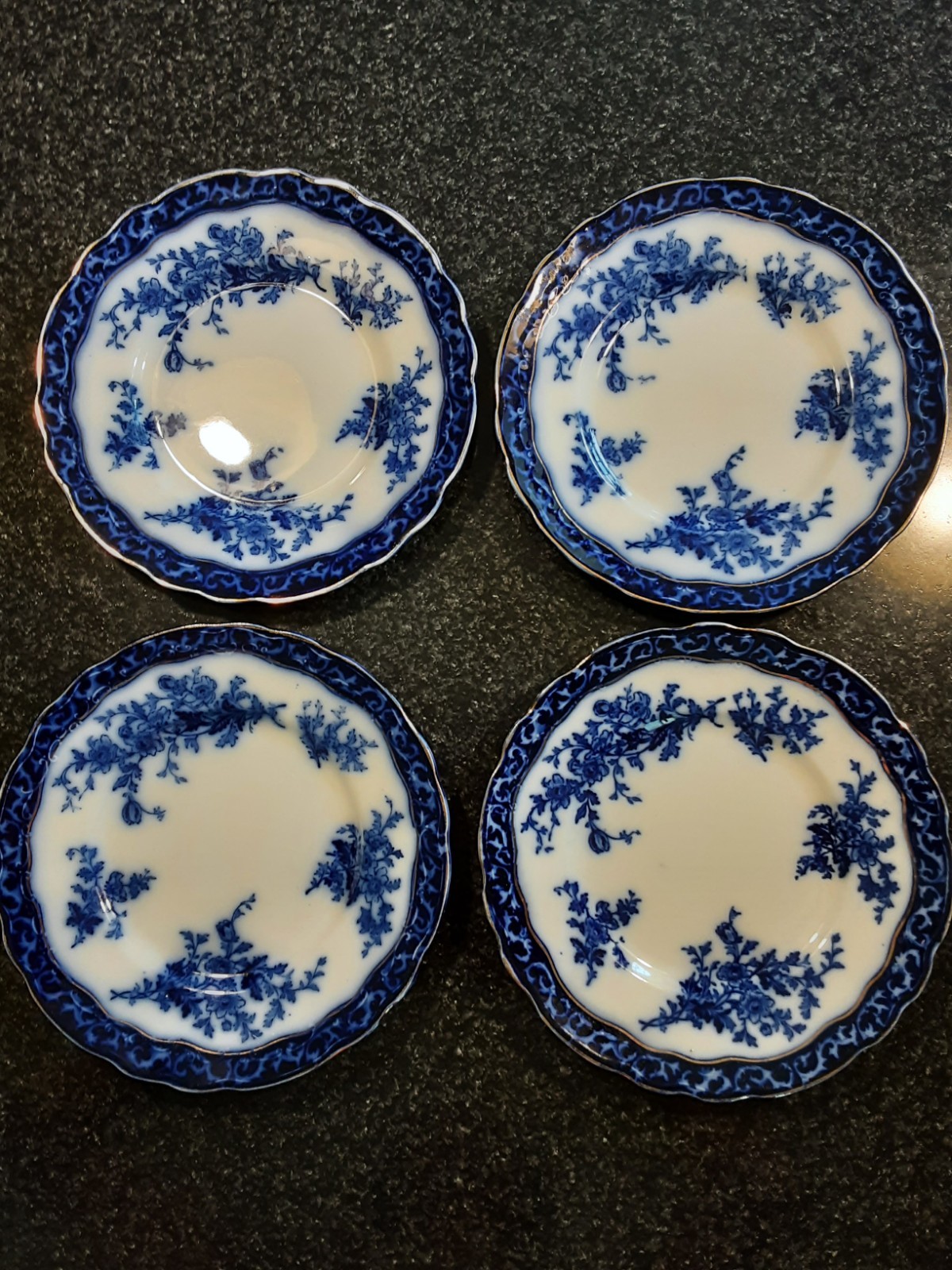 Set of 4 Antique Flow Blue 8¾” TOURAINE Plates Made by Stanley Pottery England Set of 4 Antique Flow Blue 8¾” TOURAINE Plates Made by Stanley Pottery England