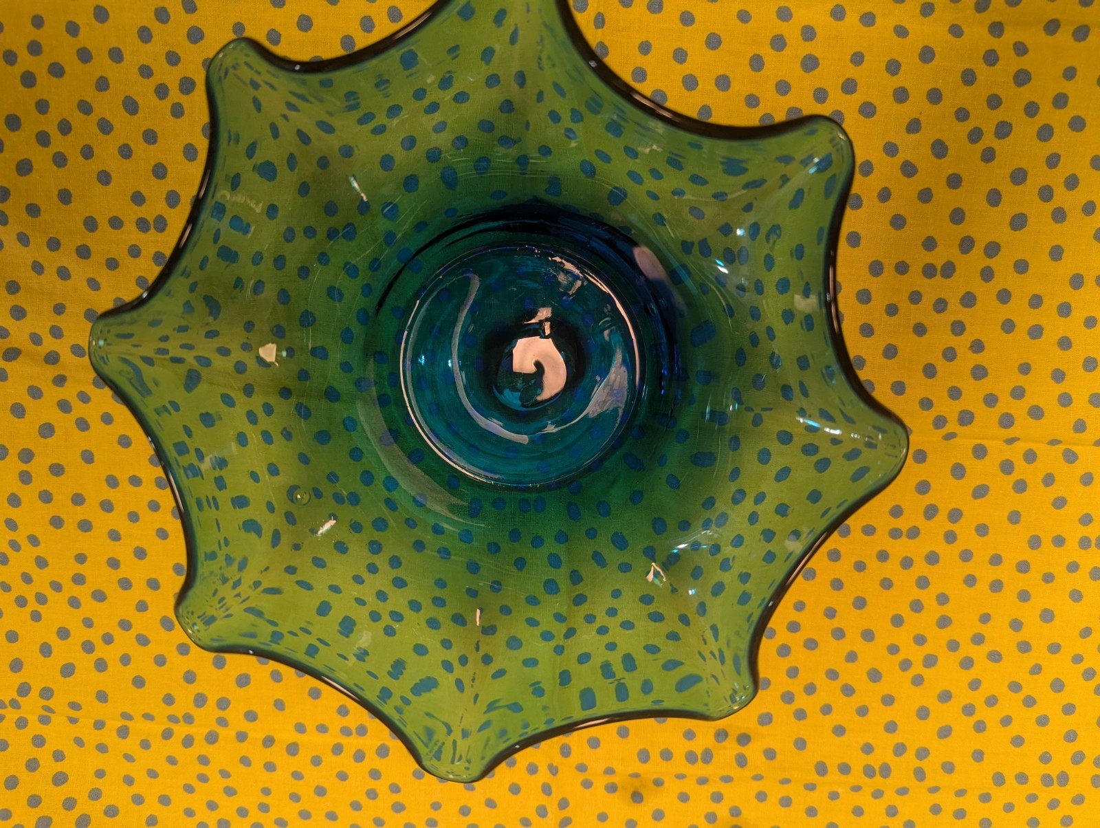 Blenko Art Glass Ruffled Edge Turquoise Teal Blue Decorative Bowl Hand Blown Vtg