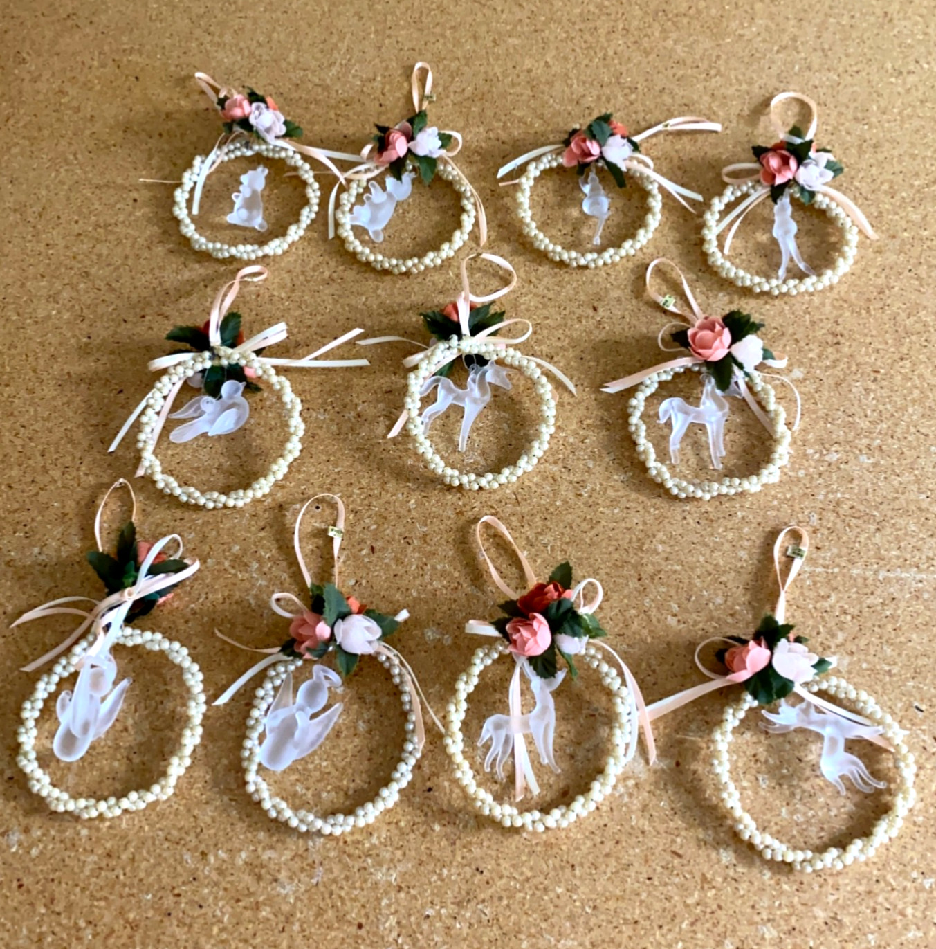 11 VTG Pearl Christmas Ornament Wreath Artificial Flowers w Glass  in Center 70s