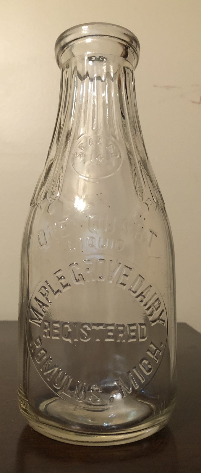 Maple Grove Dairy Quart Embossed Milk Bottle Romulus, Michigan MI Wayne Co.