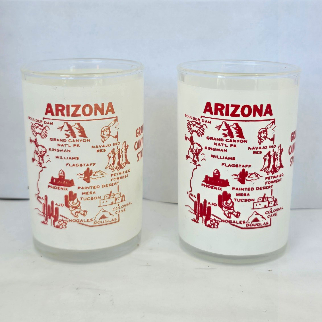 Vintage Hazel Atlas Arizona Map Glasses Set 2 Frosted Red Souvenir Tumblers MCM