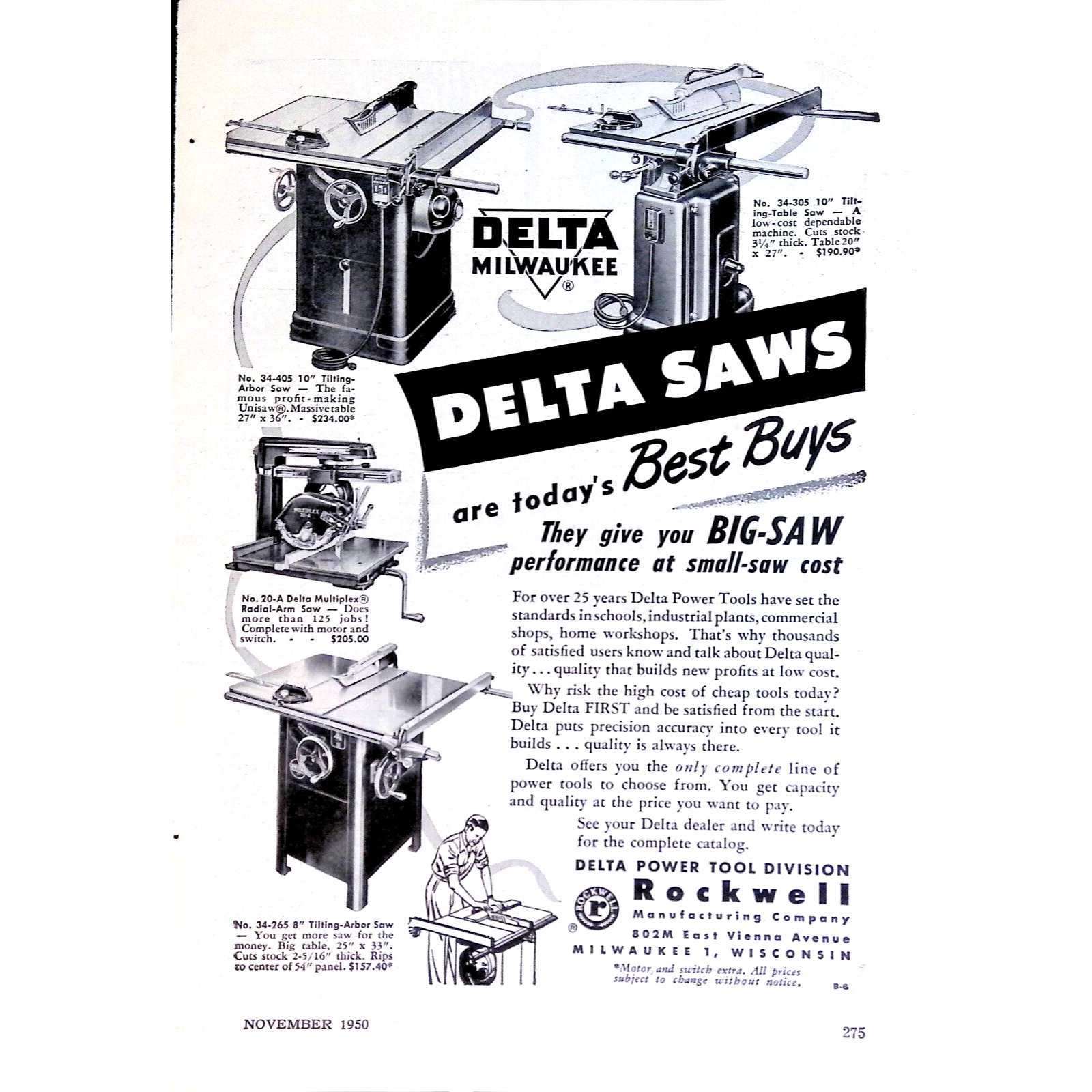 Power Tools 1950 Print Ad Rockwell Delta Table Saws  9 1/4” X 6 1/2”