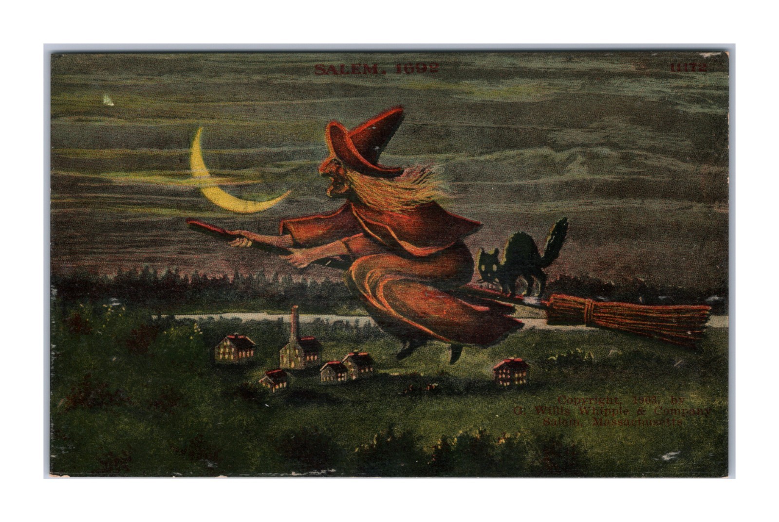 Antique Postcard Halloween Red Witch Broom Black Cat Salem MA 1692 Bosselman NY