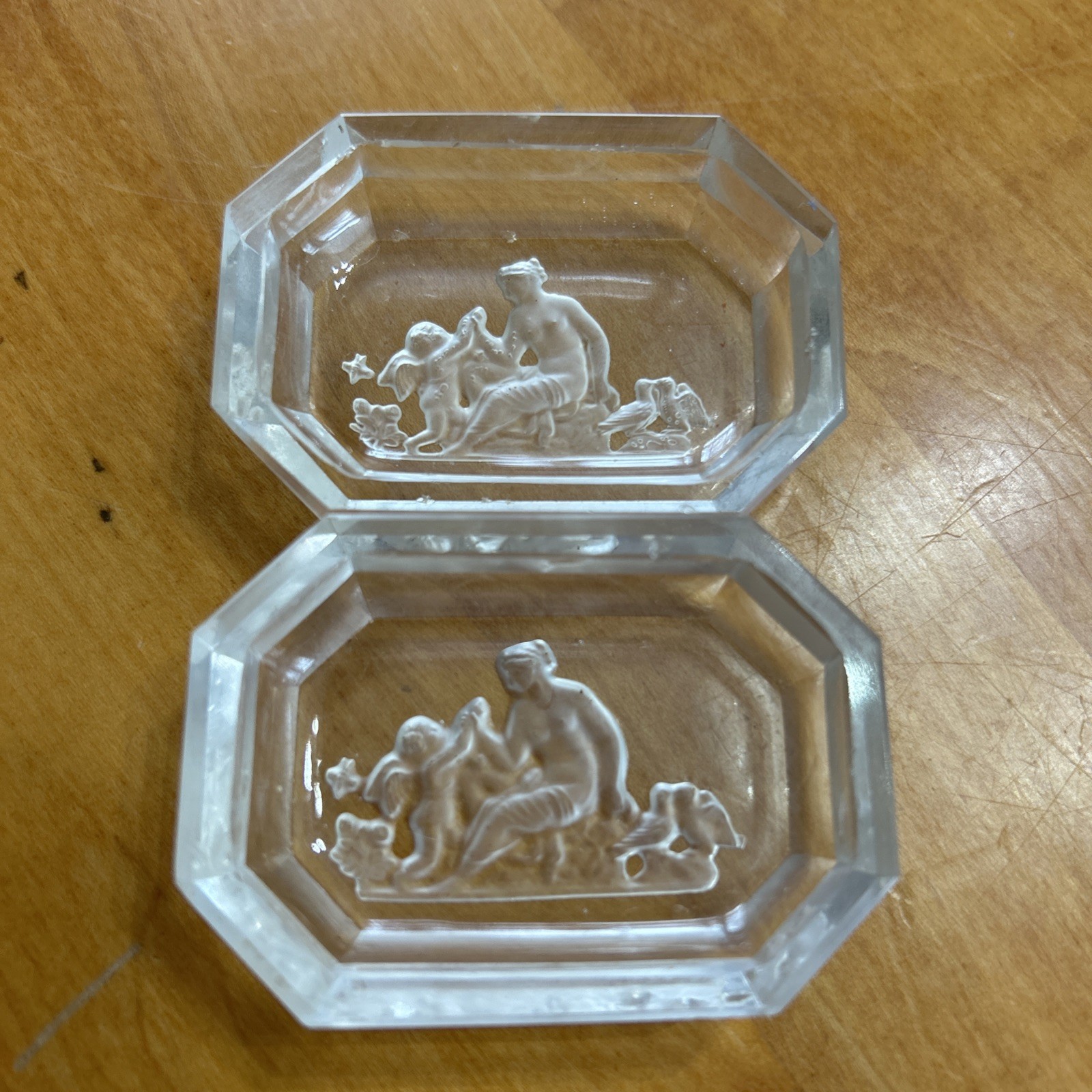 1920\'s Pair Czech Cherub Heinrich Hoffmann Hexagon Intaglio Salt Cellars 1920\'s Pair Czech Cherub Heinrich Hoffmann Hexagon Intaglio Salt Cellars