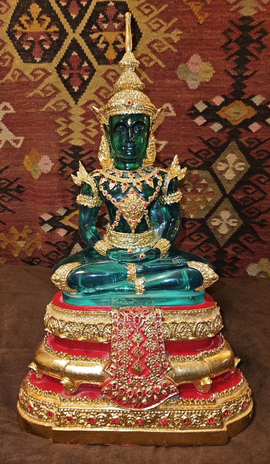 Vintage Large Thai Emerald Buddha Statue Gilt Gold & Red 19.5\