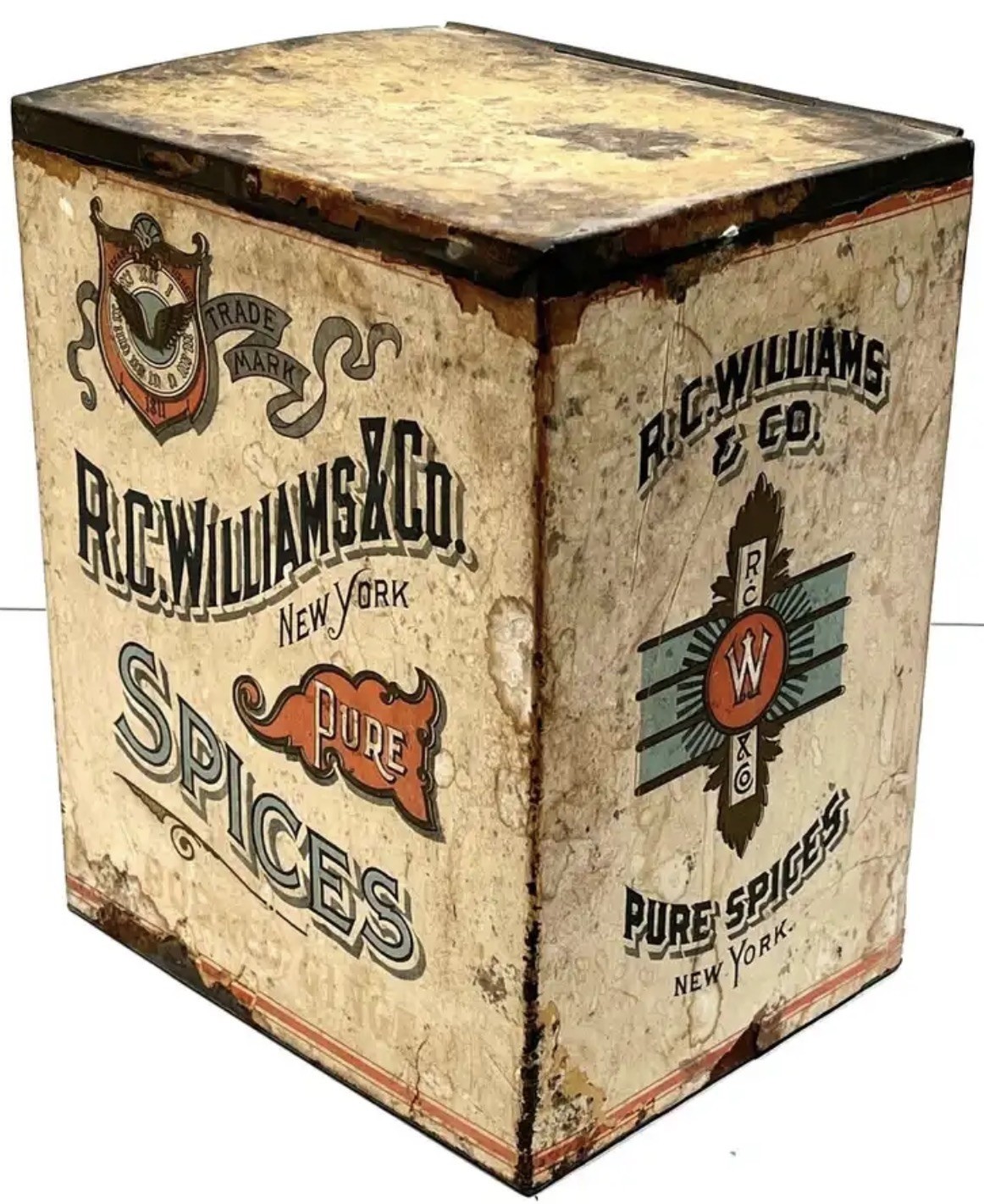 RARE Antique R.C. Williams & Co. Spice Tin Bin, 1800s New York NY (Hinged Lid)