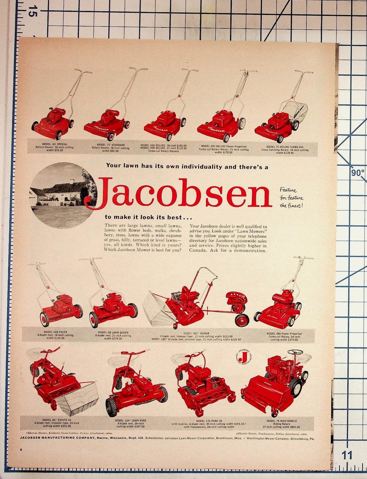 Jacobsen Lawn Mower Vintage Ad 1950s Magazine Print Ephemera Wisconsin