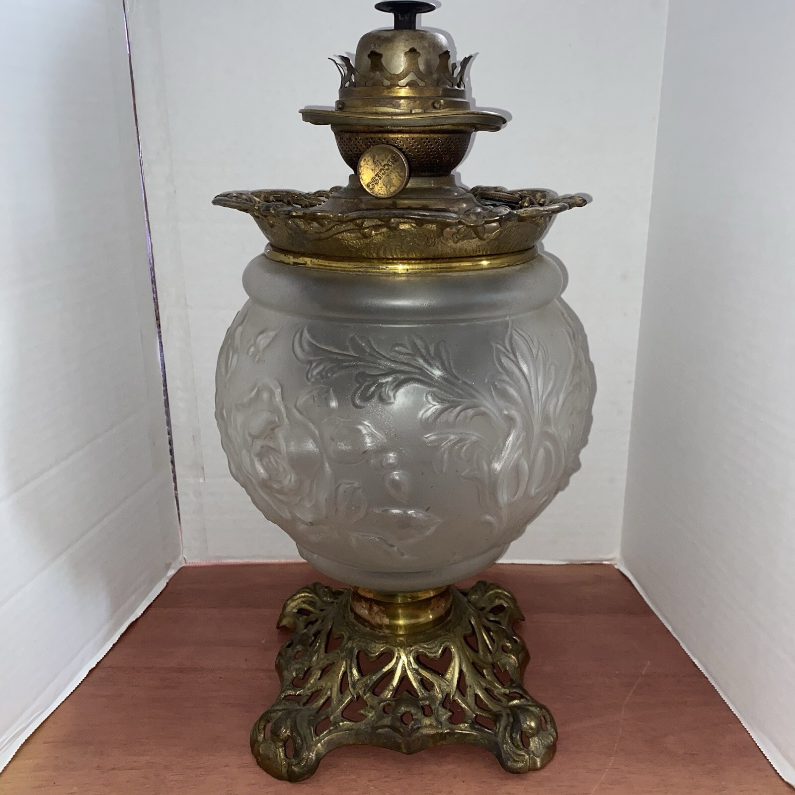 Antique Clear Satin Glass Oil Lamp - Leaves & Roses - Success PLB & G Co. Brass