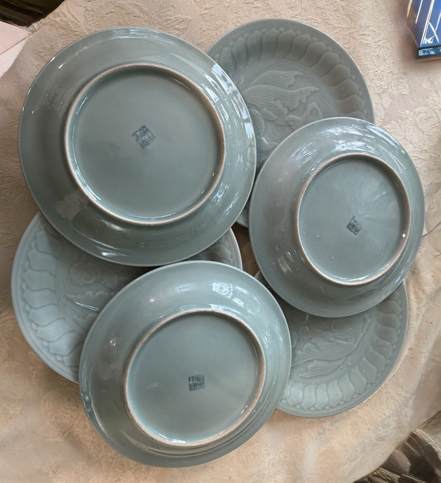 Vintage Longquan Celadon Green Koi Goldfish Fish Salad Plates 7” Lot Set Of 6 Vintage Longquan Celadon Green Koi Goldfish Fish Salad Plates 7” Lot Set Of 6