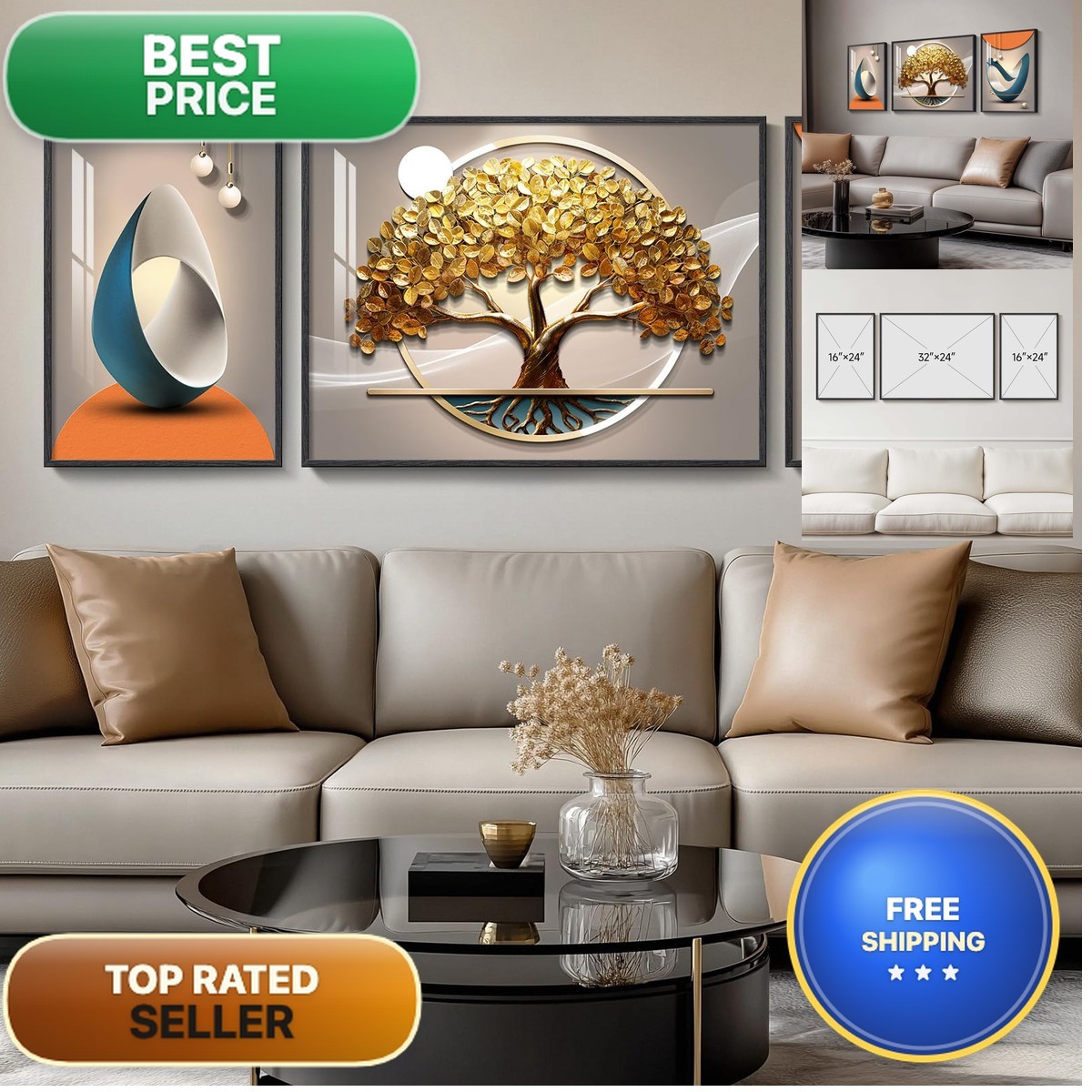 Cuspin Large Framed Modern Luxury Large Wall Art Living Room Set 3 Bright Style