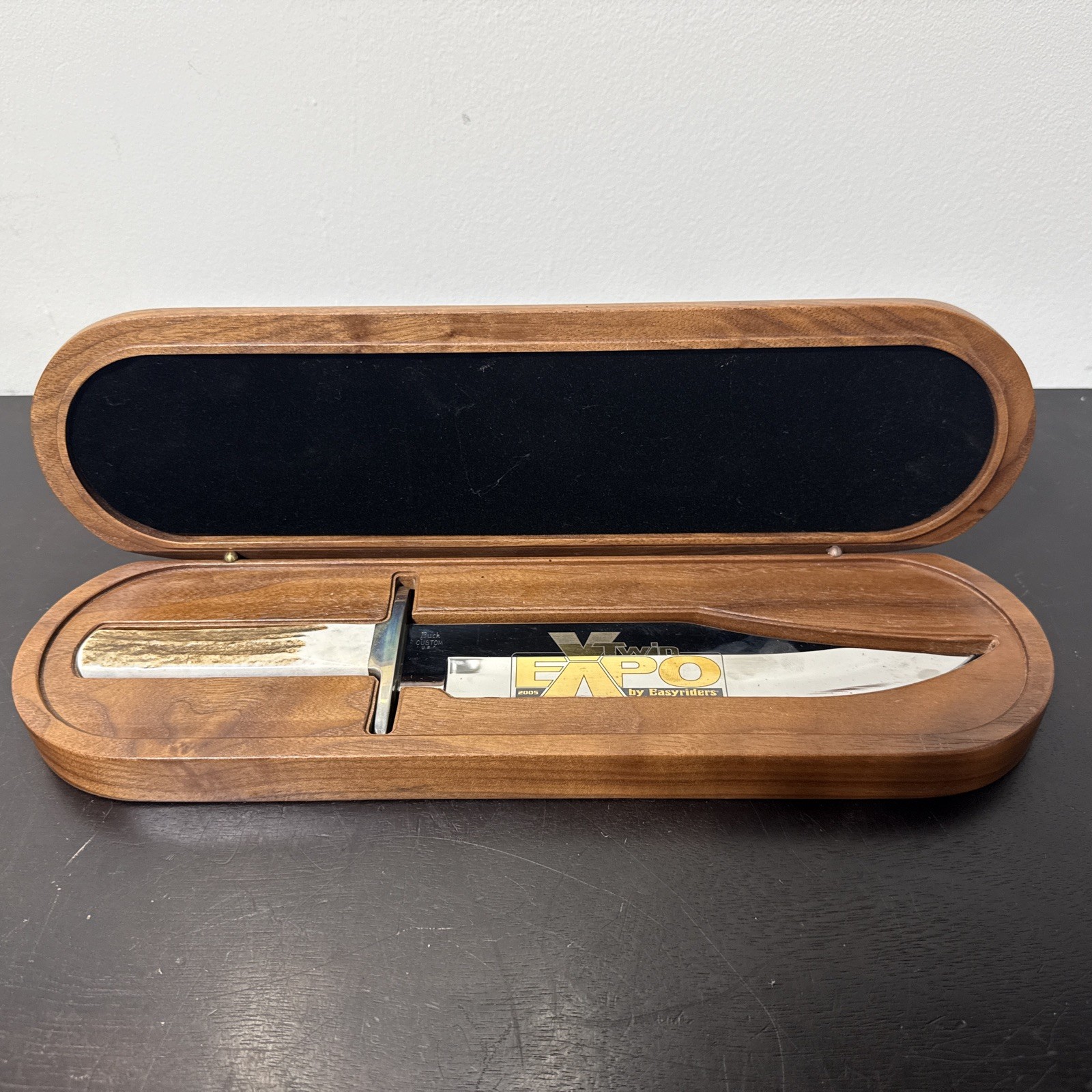 Custom Buck USA Knife 916 Bowie Knife 8” Stag Antler 2005 V Twin Expo W/Case
