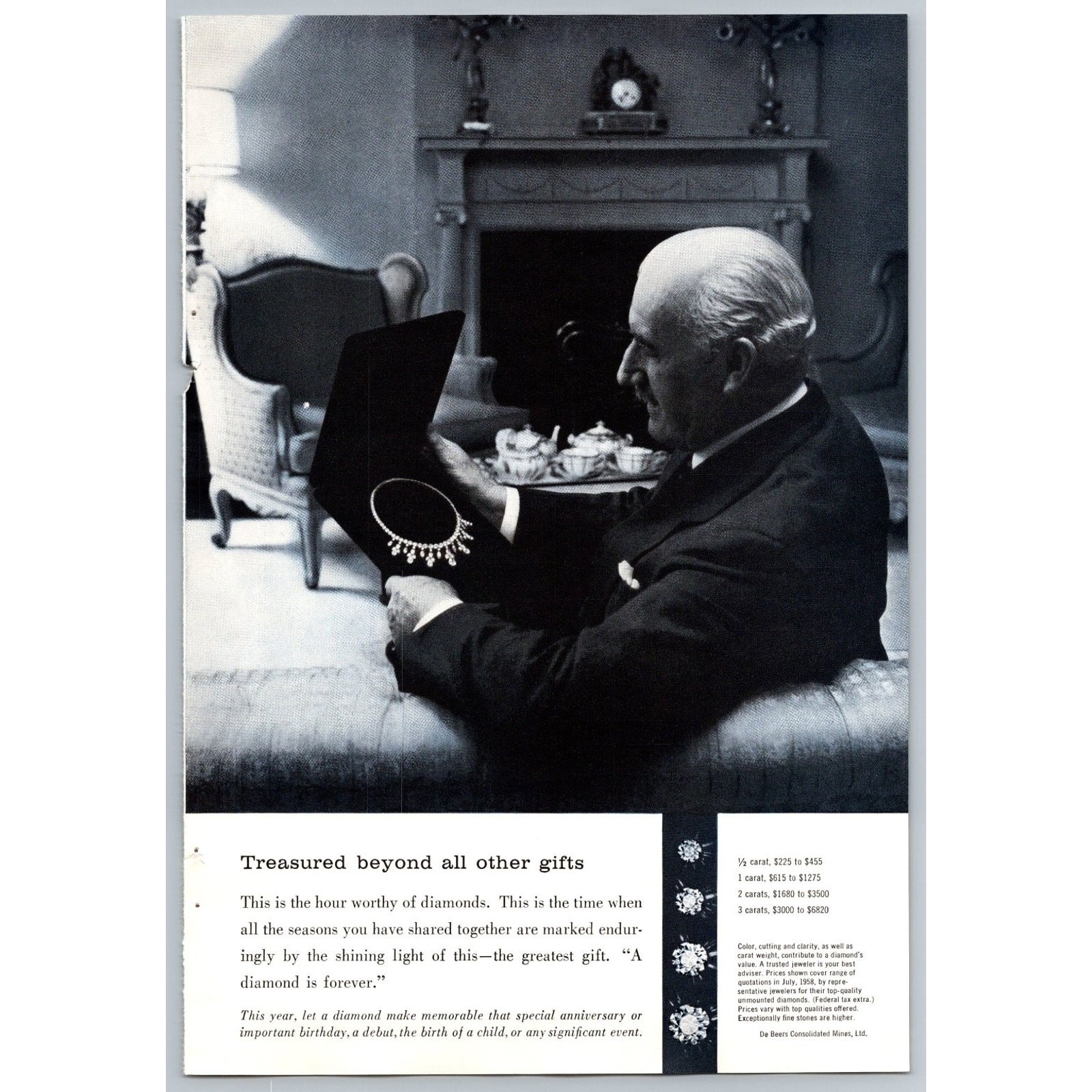 De Beers 1958 Original Diamond Anniversary Magazine Print Ad Vintage Jeweler