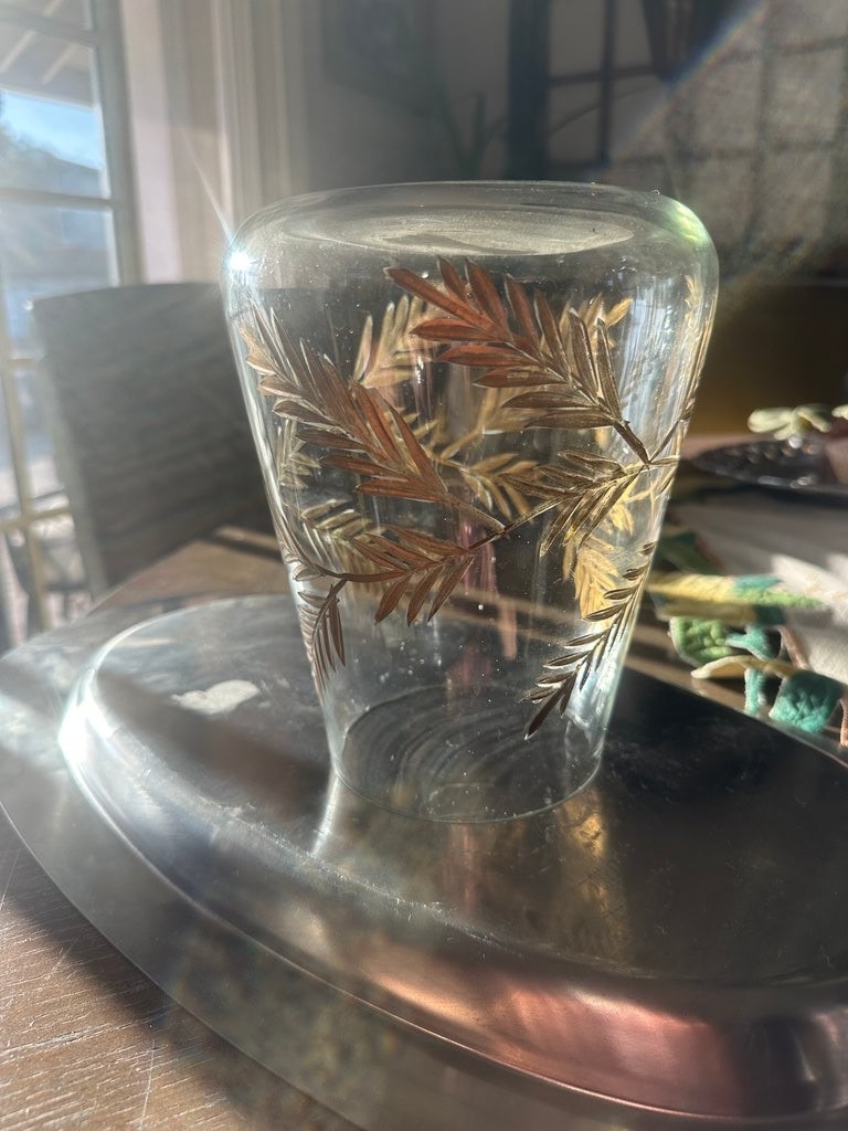 Vintage  MCM Glass Vase with Gold Leaf Design