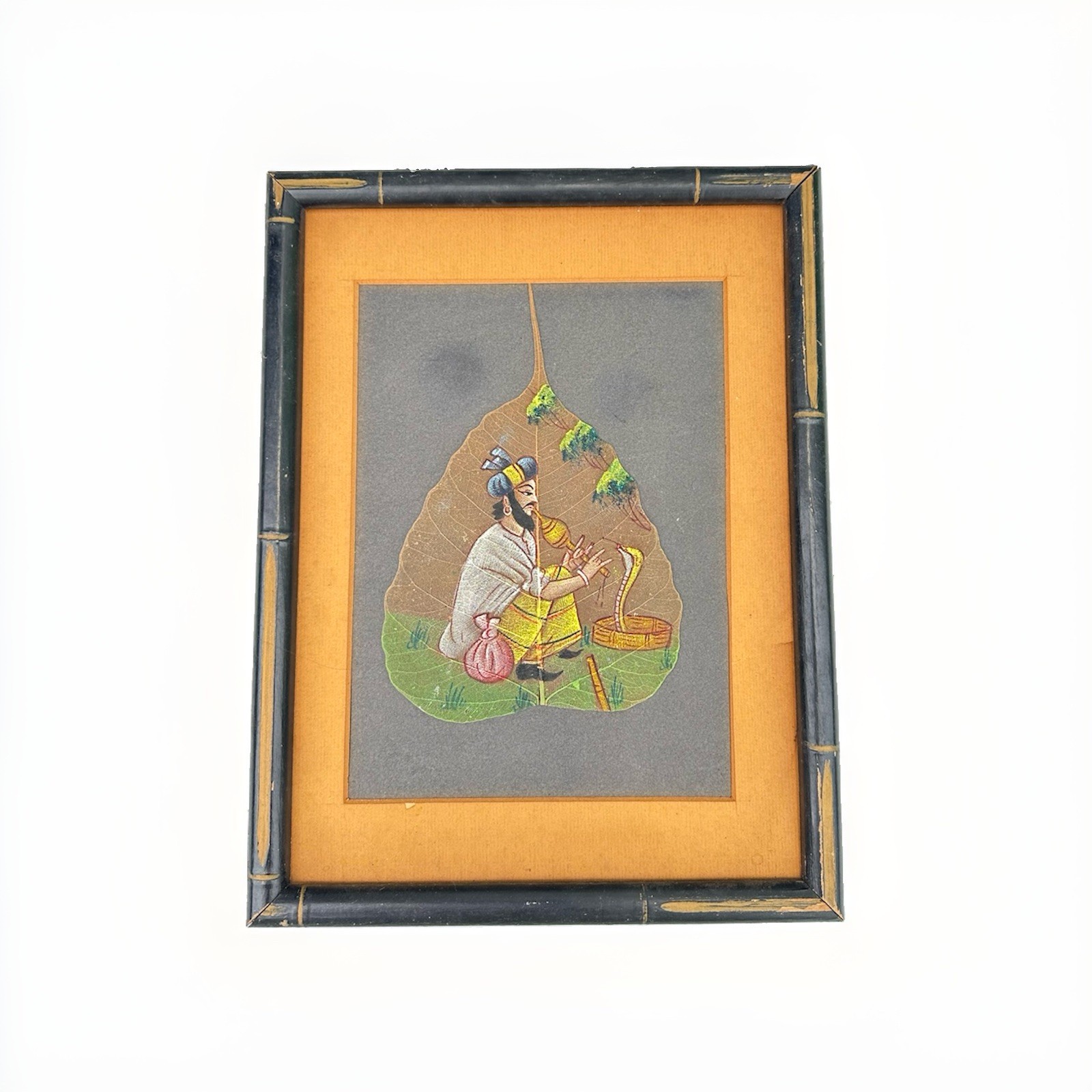 Vintage Indian Peepal Leaf Painting Snake Charmer Cobra Framed Folk Art
