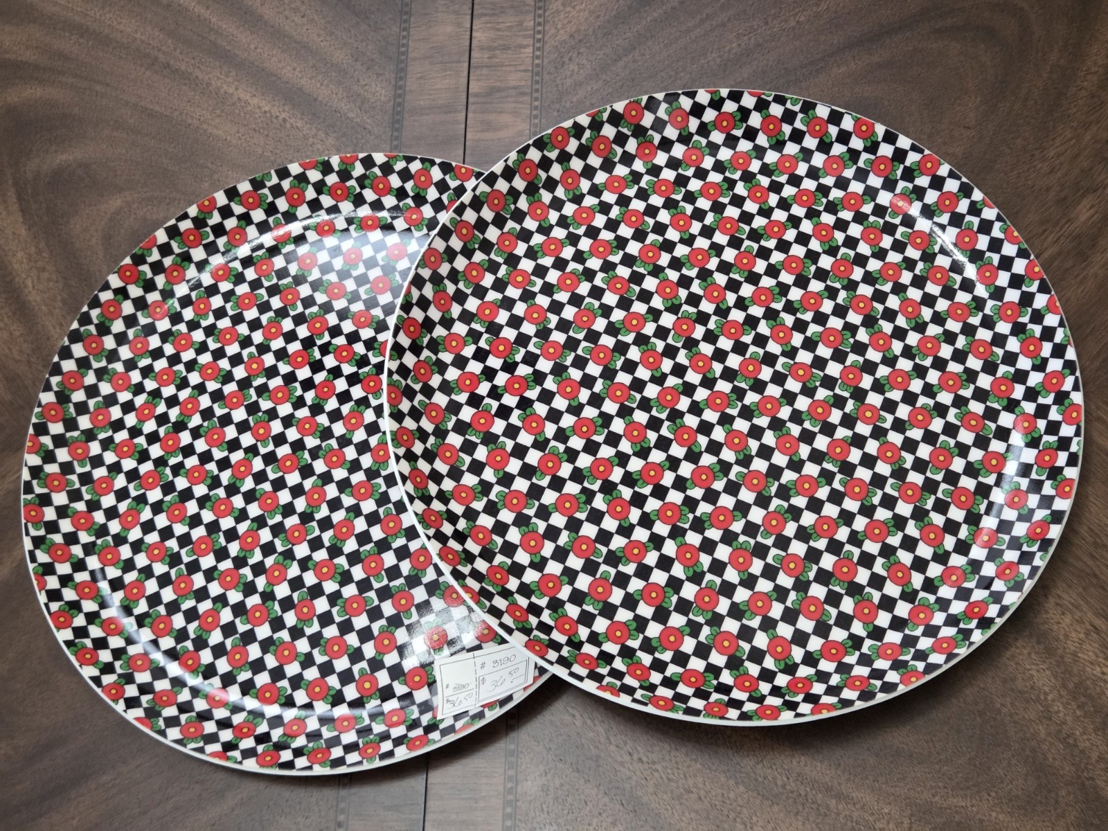 2 Set New Vtg Mary Engelbreit Large Round Platter Floral Black White Checkered