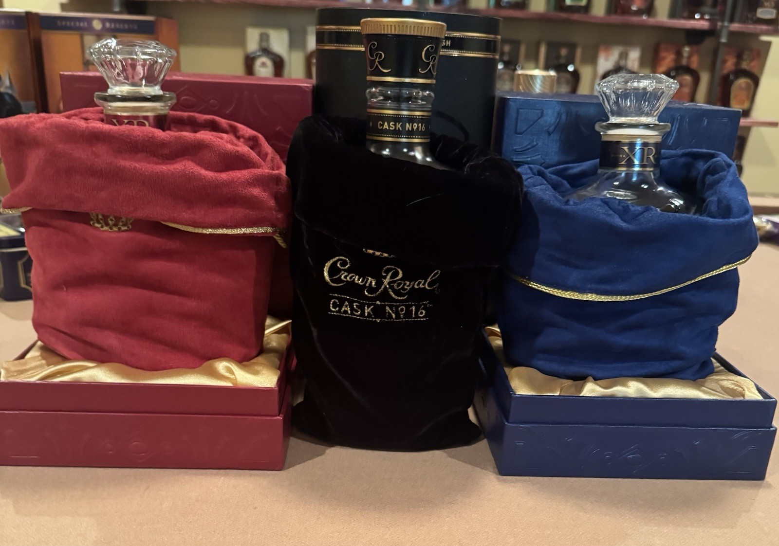 Crown Royal Cask 16, XR Red and XR Blue Boxes, Bags and Empty Bottles