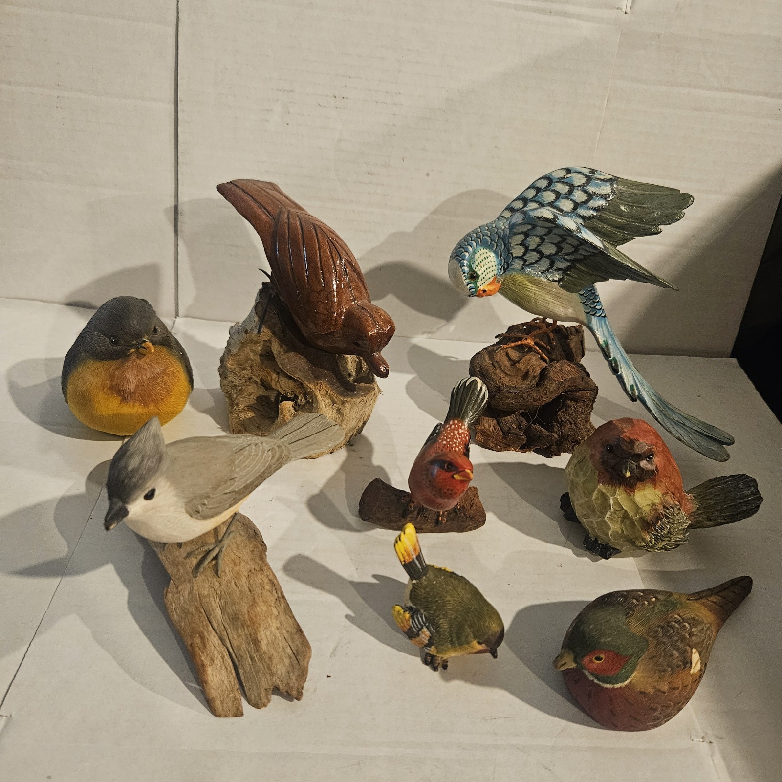 Vintage Flock Of 8 Carved Birds
