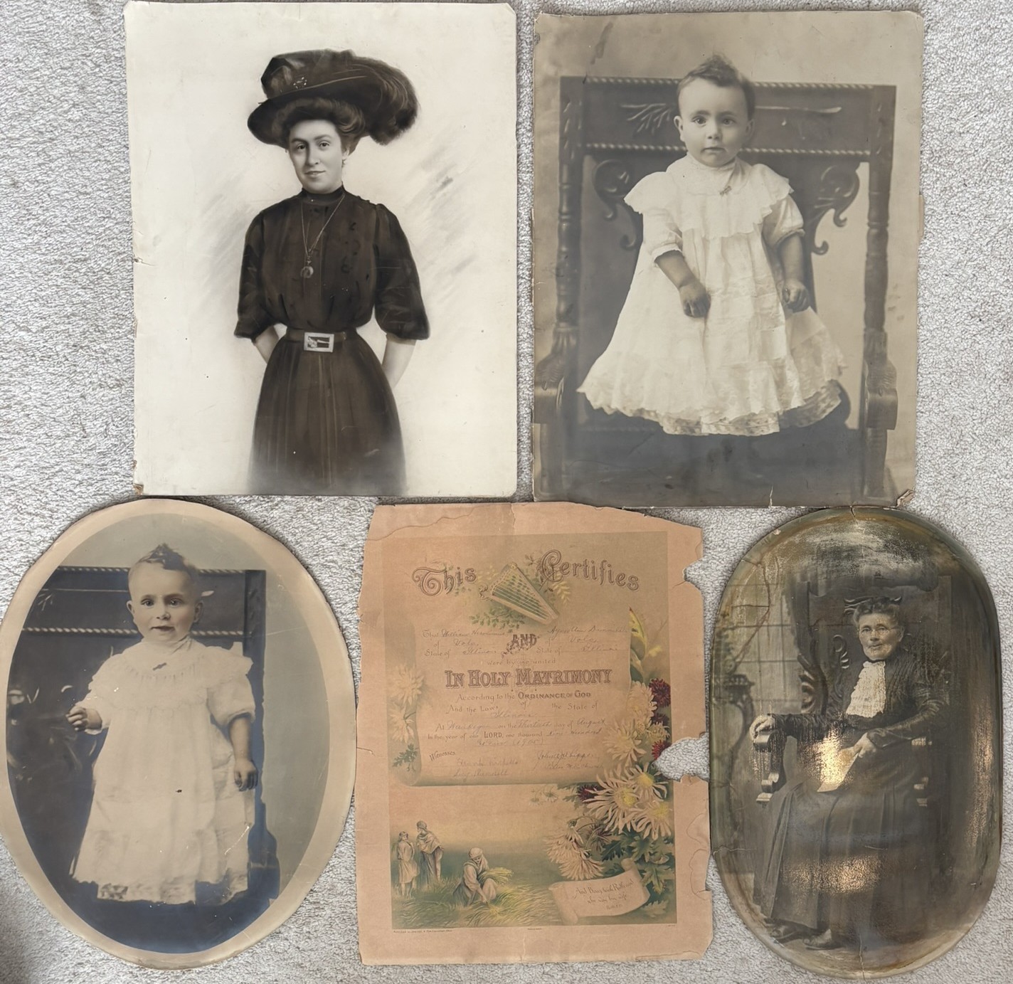 Antique 1900s Photo Lot 5 Pieces 1905 Marriage Certificate Victorian Portraits