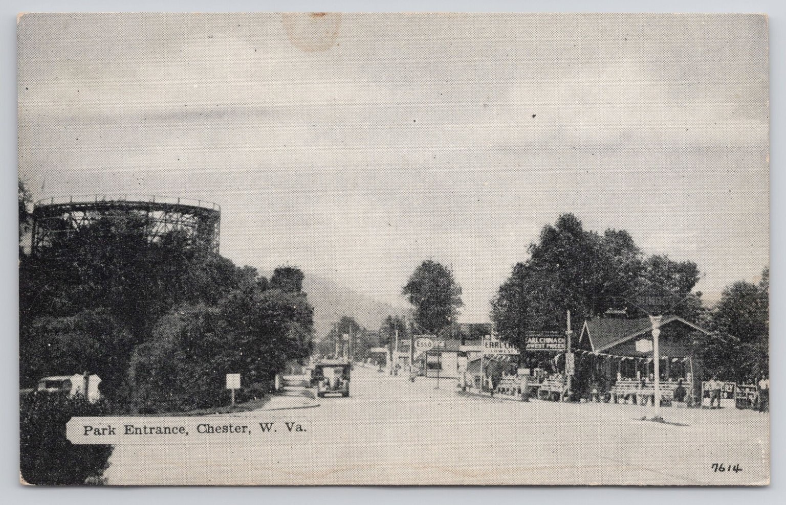 Park Entrance Chester WV Postcard Roller Coaster ESSO Gas Sign Postcard a23696