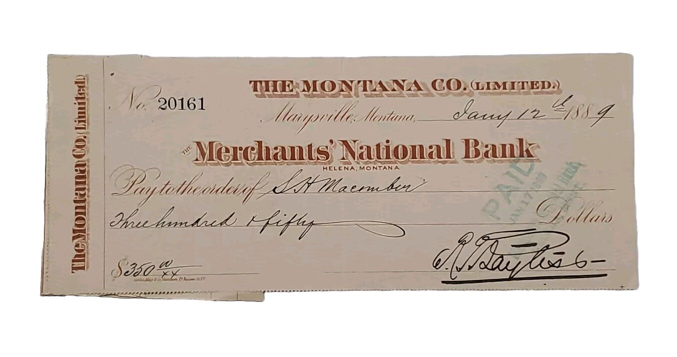 1889 Bank Check: Merchants National Bank, Marysville, MT #1889 R. Dayles