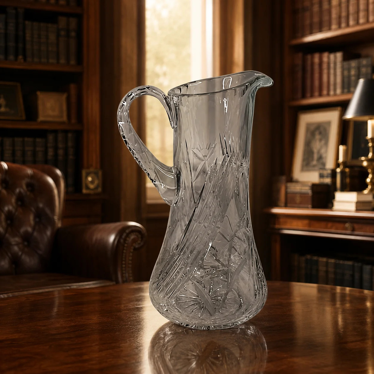 circa 1900s–1950s Clear Cut Glass Pitcher with Floral Etching