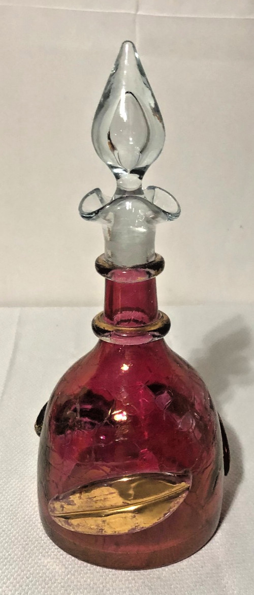 Vintage Crackle Glass Flash Red w/Applied Gold Leaf Decanter/Blenko for Rainbow?