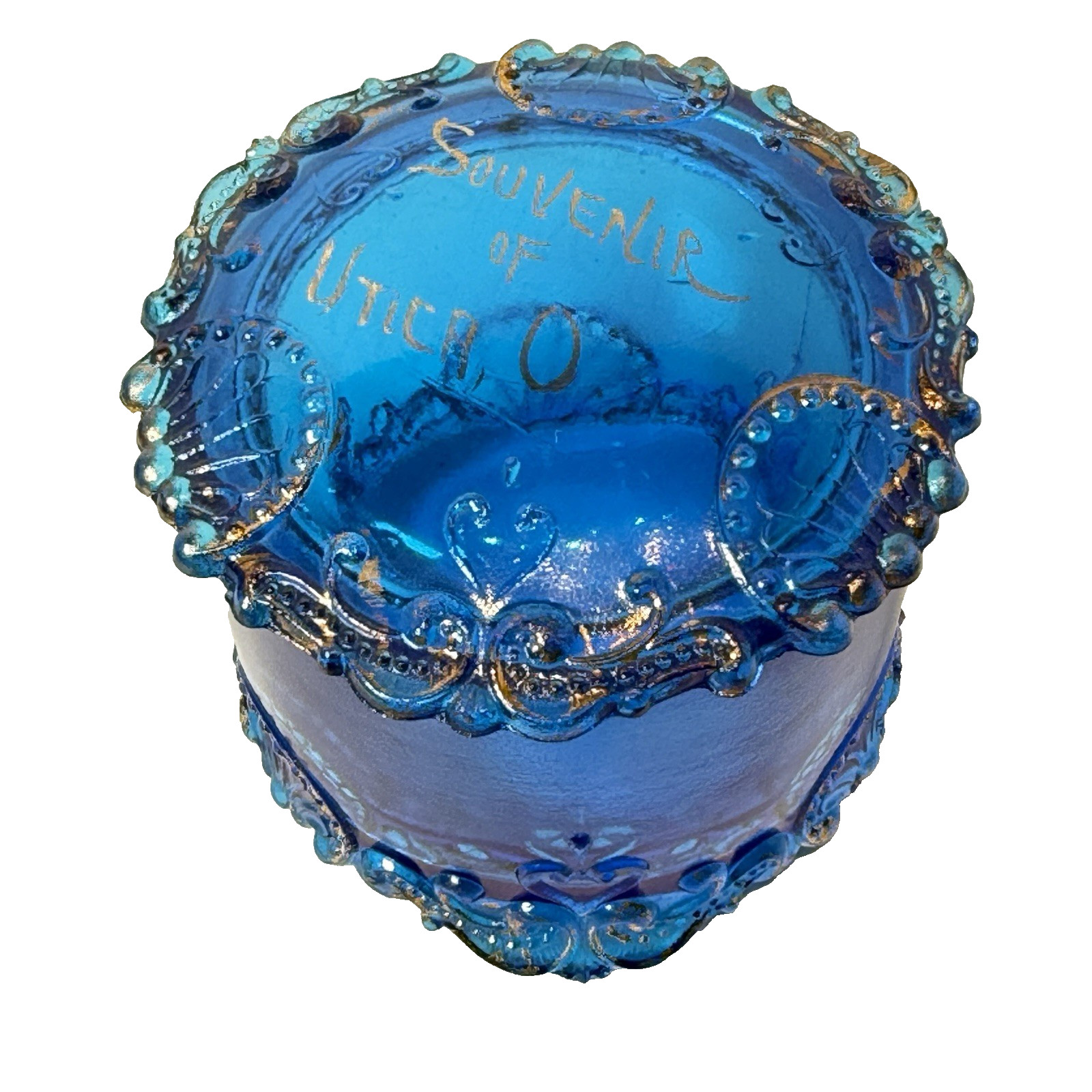 UTICA , OREGON - BLUE Glass Souvenir ANTIQUE Vintage Gilded Trinket Box