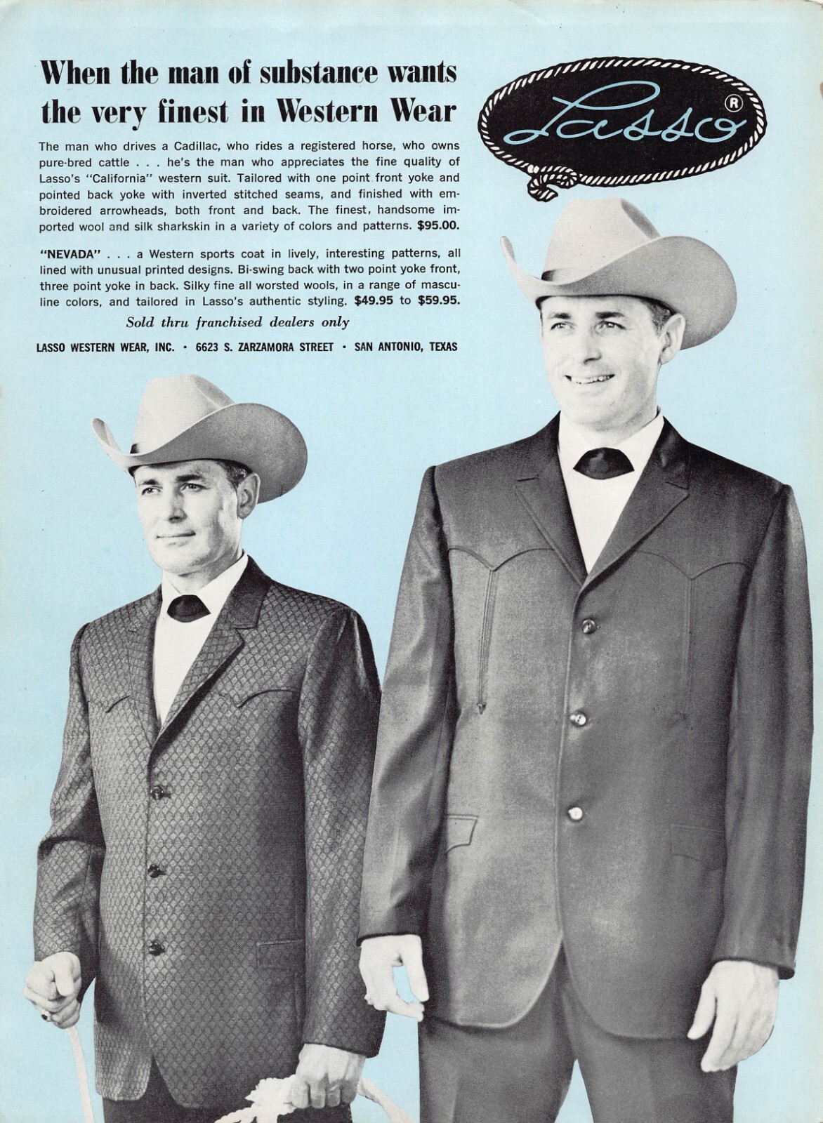 Lasso Western Wear Cowboy Ranch Rancher Mens Suit Fashion 1960s Vtg Print Ad