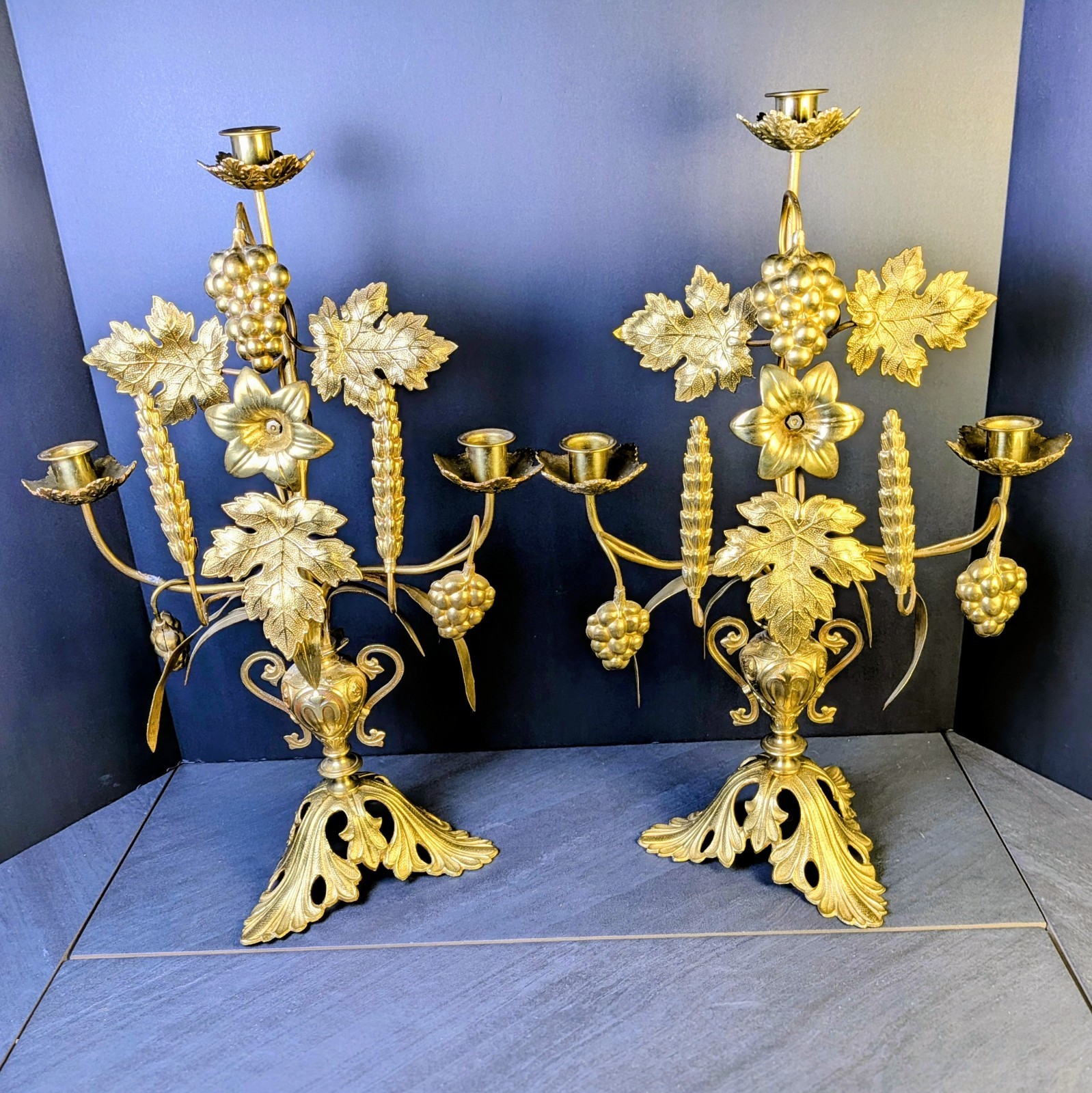 Antique Brass Altar Candelabra Pair French Style Grapes Wheat Floral 3 Arm 18.5\