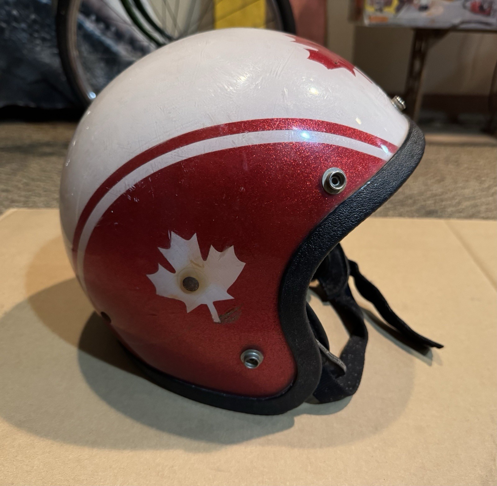 Vintage Canadian Maple Leaf Red White Motorcycle Helmet Snowmobile