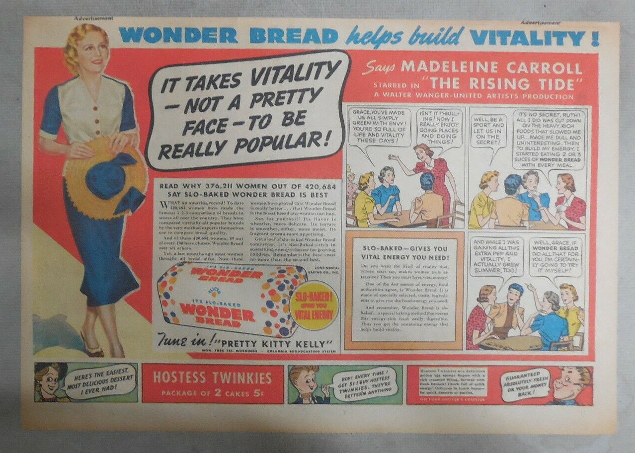 Wonder Bread Ad: Hollywood Star Madeleine Carroll from 1938 Size:11 x 15 Inches
