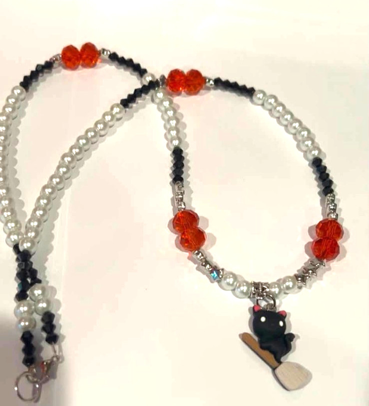 Adorable Halloween Black Cat KItty Flying On Broom Necklace Y30