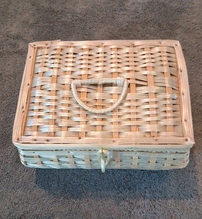 Vintage 1970s Wicker Sewing Basket Box Made in Taiwan Gingham Lining Spools Lot