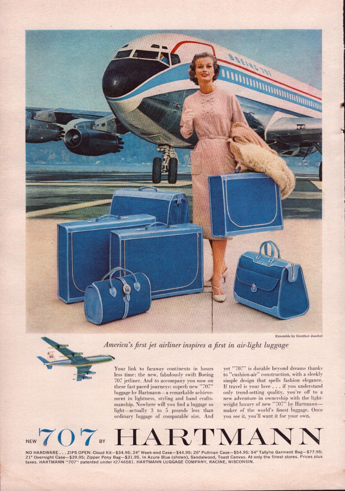 1958 Vintage Print AD - Hartman Luggage - Blue Air Tight 707  - Wall Art