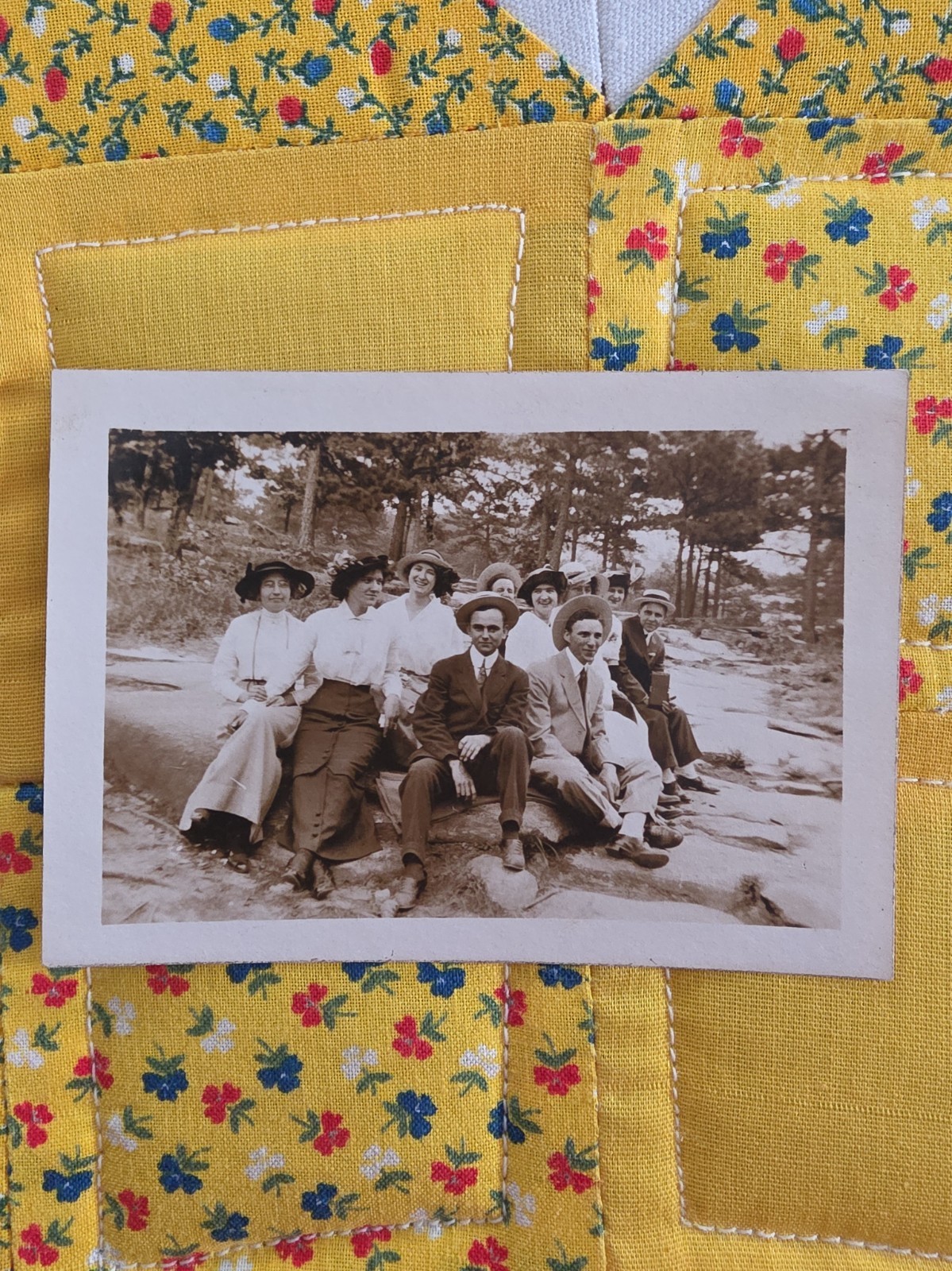 VTG Sepia Snapshot Photo 1920s Group Of Friends Outdoor Portrait Rock Woods