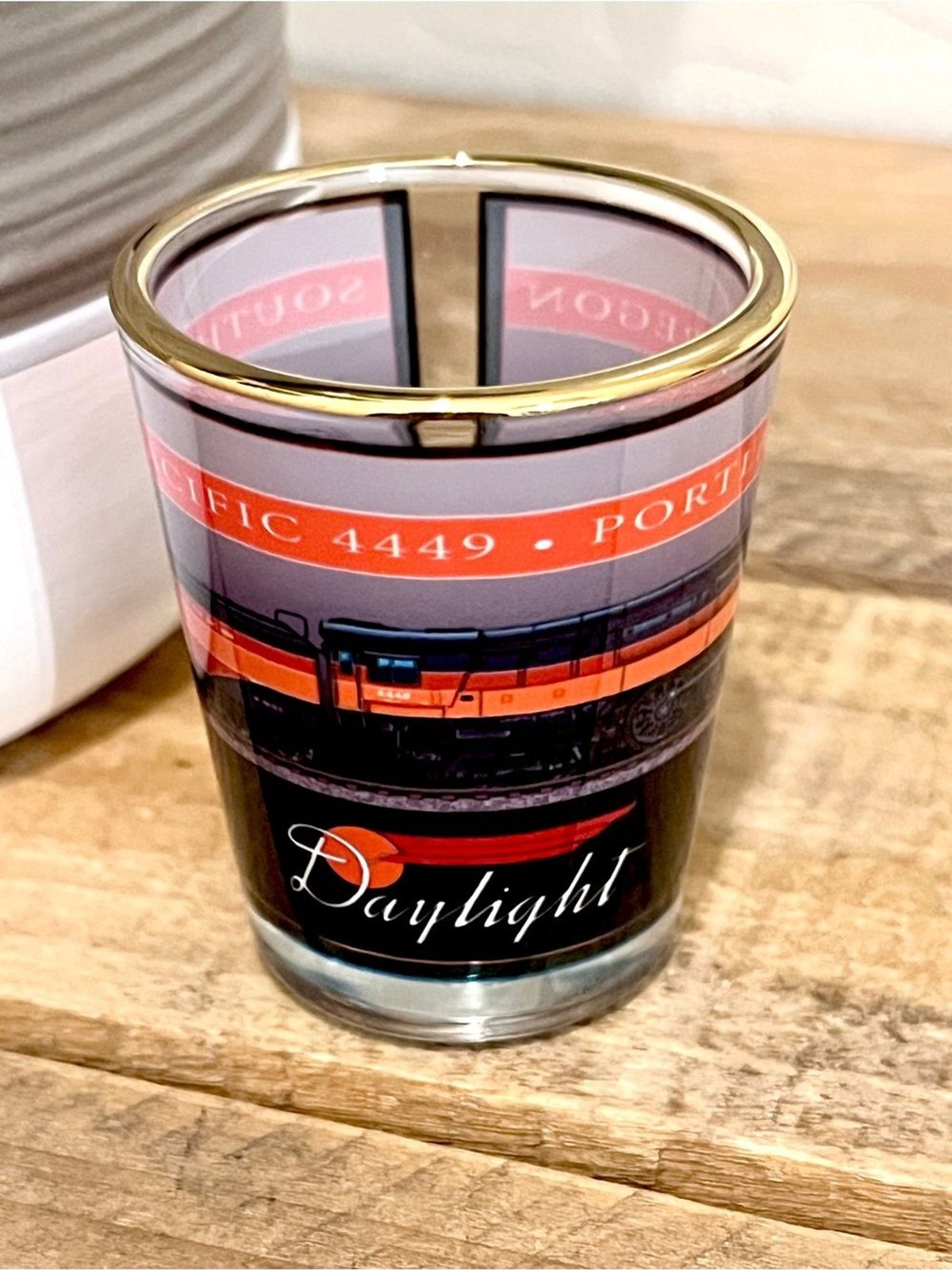 Vintage Southern Pacific 4449 Daylight Shot Glass Portland Oregon Gold Rim Vintage Southern Pacific 4449 Daylight Shot Glass Portland Oregon Gold Rim