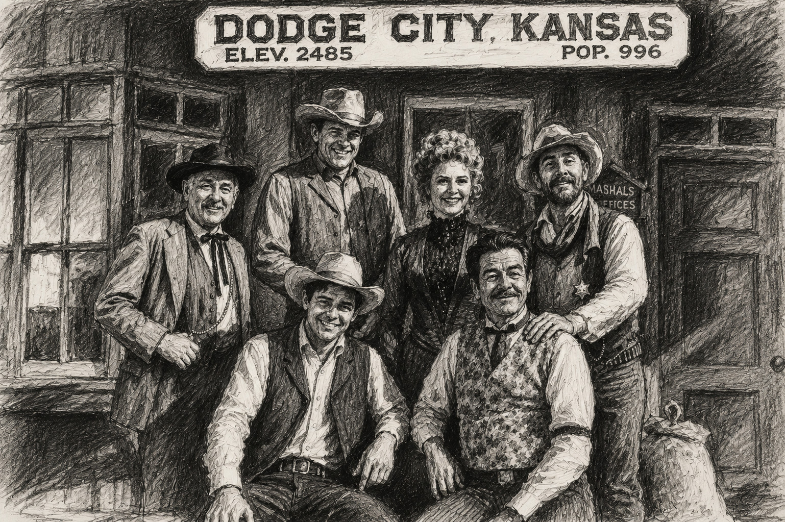 Cast of Classic Cowboy Western TV Show Gunsmoke Charcoal Poster Print 13x19