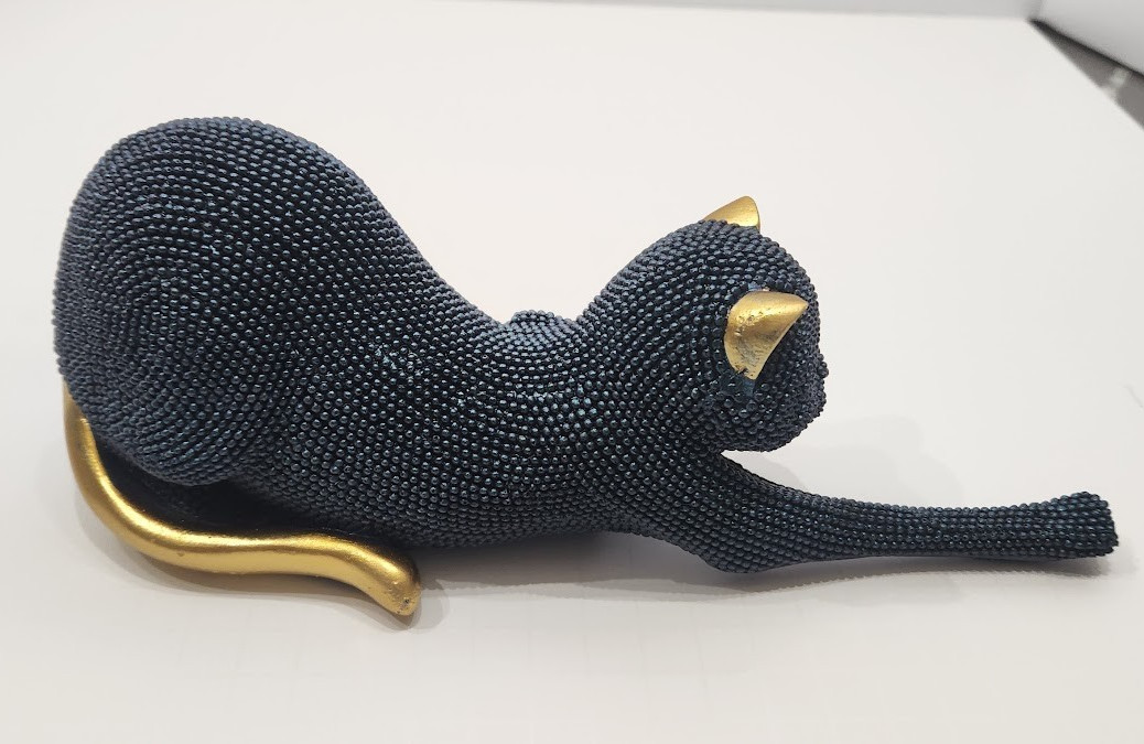 European Designer Style Dazzling Blue and Gold Beaded Cat Resin Figurine Statue