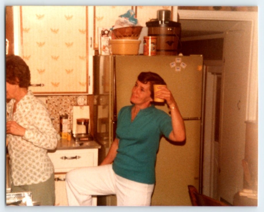 Vintage Photo Woman In 1970\'s Kitchen CHEERS Found Art CLP-1
