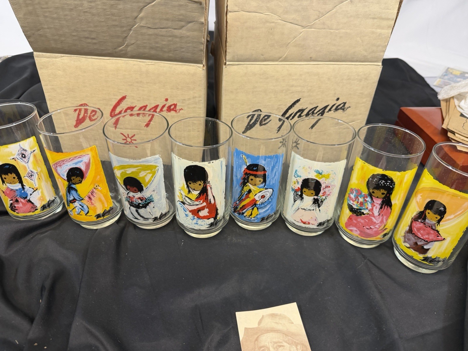 Vintage Lot Of 8 1970’s De Grazia ~ 16oz Glasses Tumblers  Libbey With Boxes