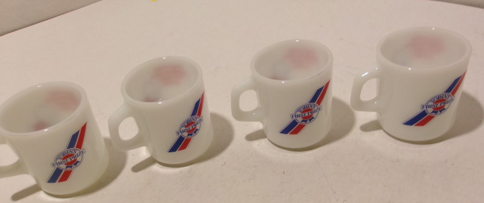 VTG Set of 4 Galaxy Milk Glass Advertising Coffee Mugs Tobin\'s First Prize VTG Set of 4 Galaxy Milk Glass Advertising Coffee Mugs Tobin\'s First Prize