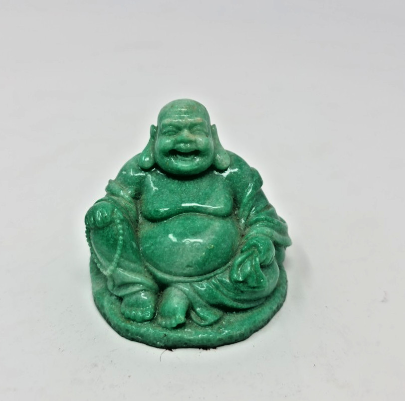 VTG Laughing Buddha Statue 2” Green Stone Imitation Sitting Happiest and Lucky