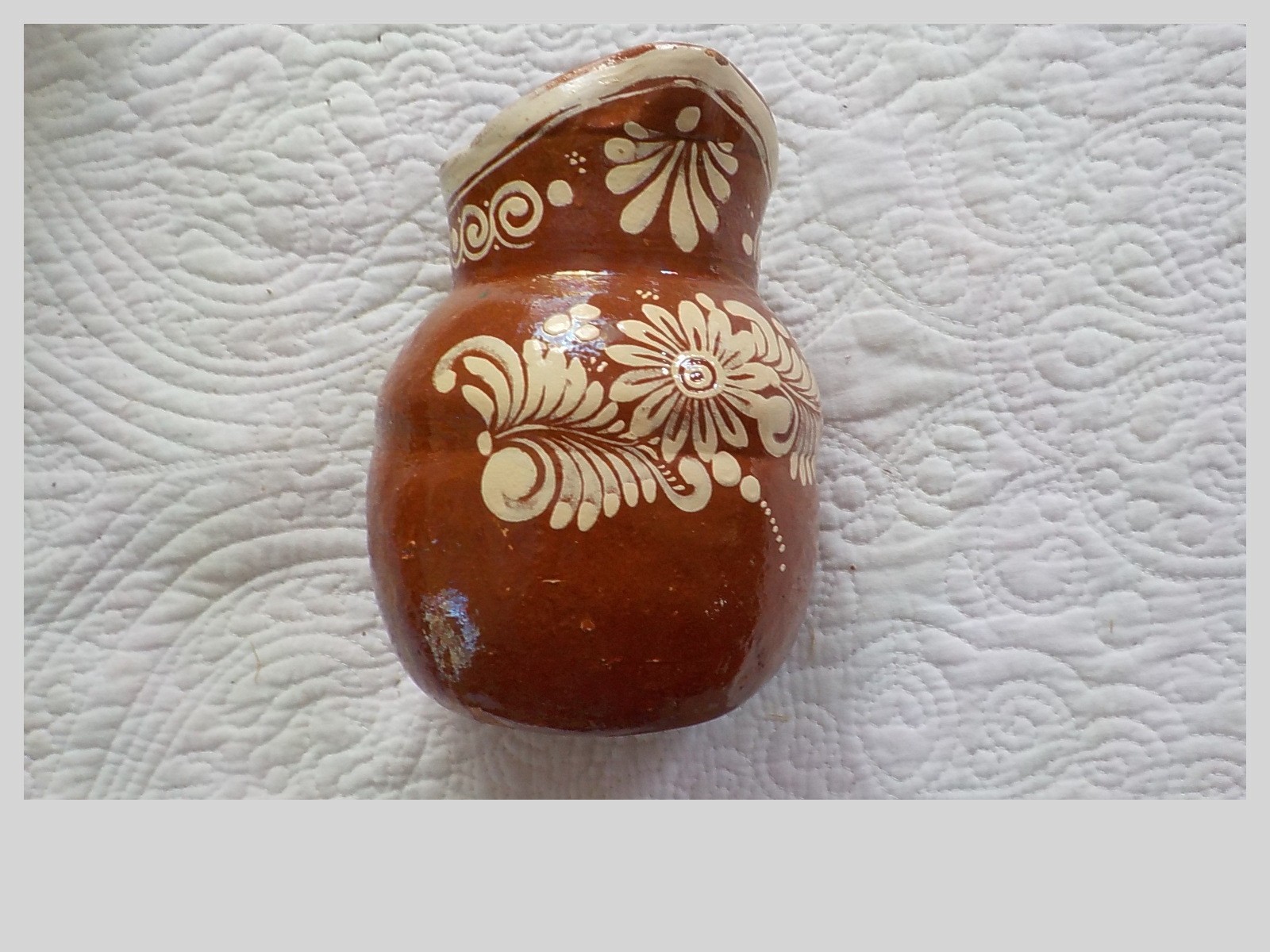 Vintage Hand Painted Mexican Folk Art Redware Pottery Pitcher 6.5