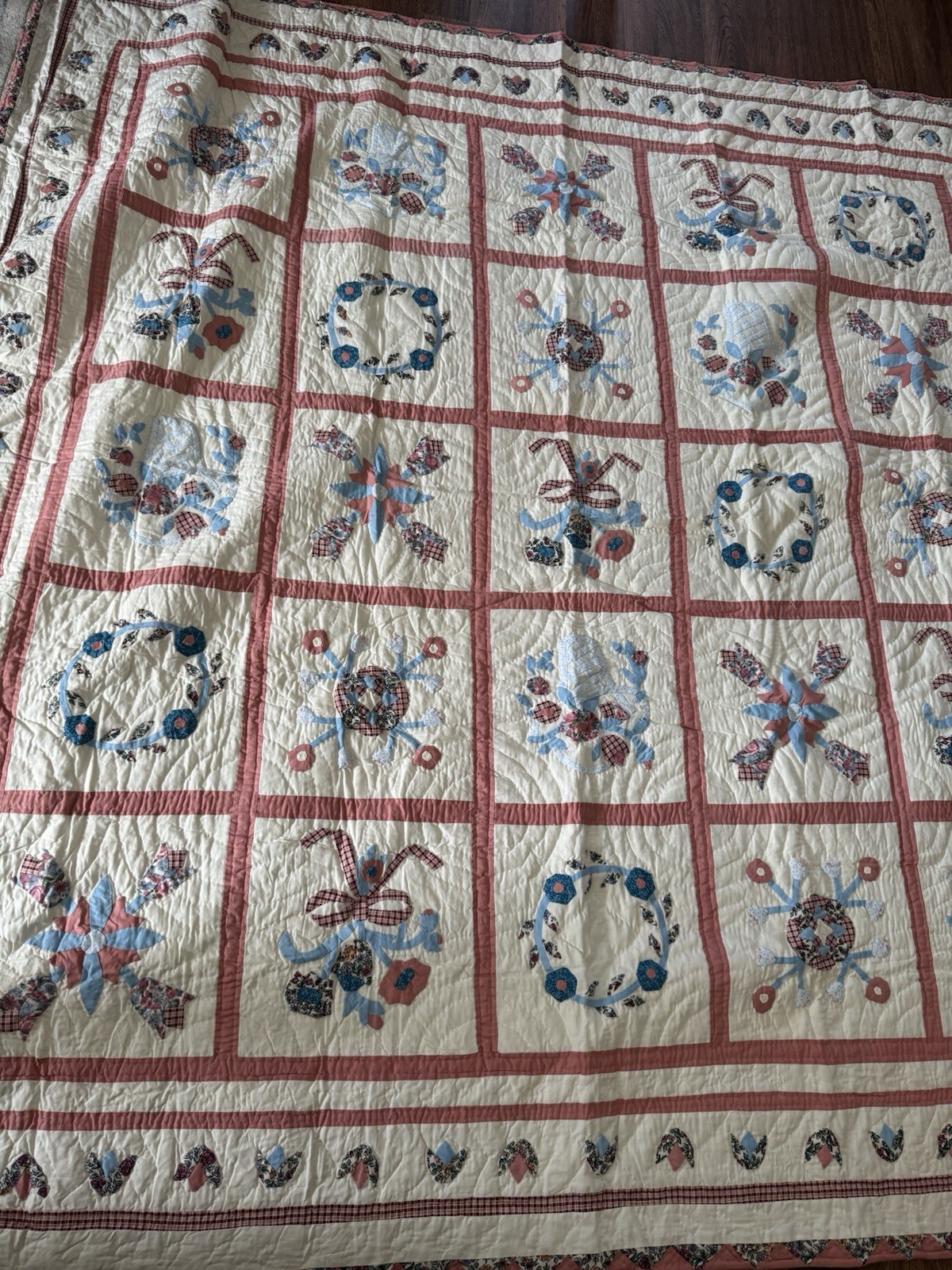 New Vtg Baltimore Album Style Floral Applique Quilt 86x86 Full Queen Pink Cream New Vtg Baltimore Album Style Floral Applique Quilt 86x86 Full Queen Pink Cream