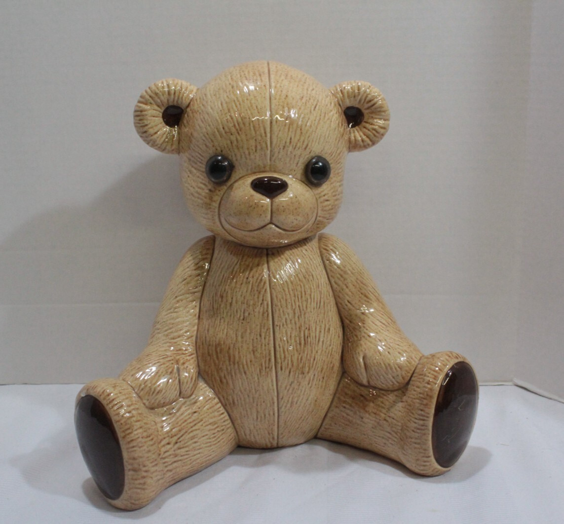 Large Vintage Ceramic brown teddy bear bank with stopper 1985 See photos