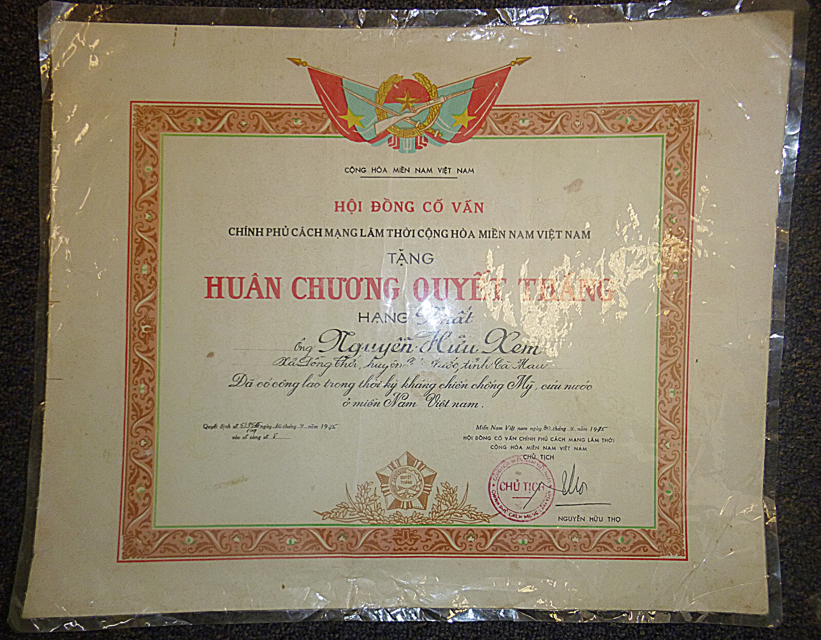 \'The Resolution for Victory Order\' - 1975 Citation - Vietnam War - Viet Cong
