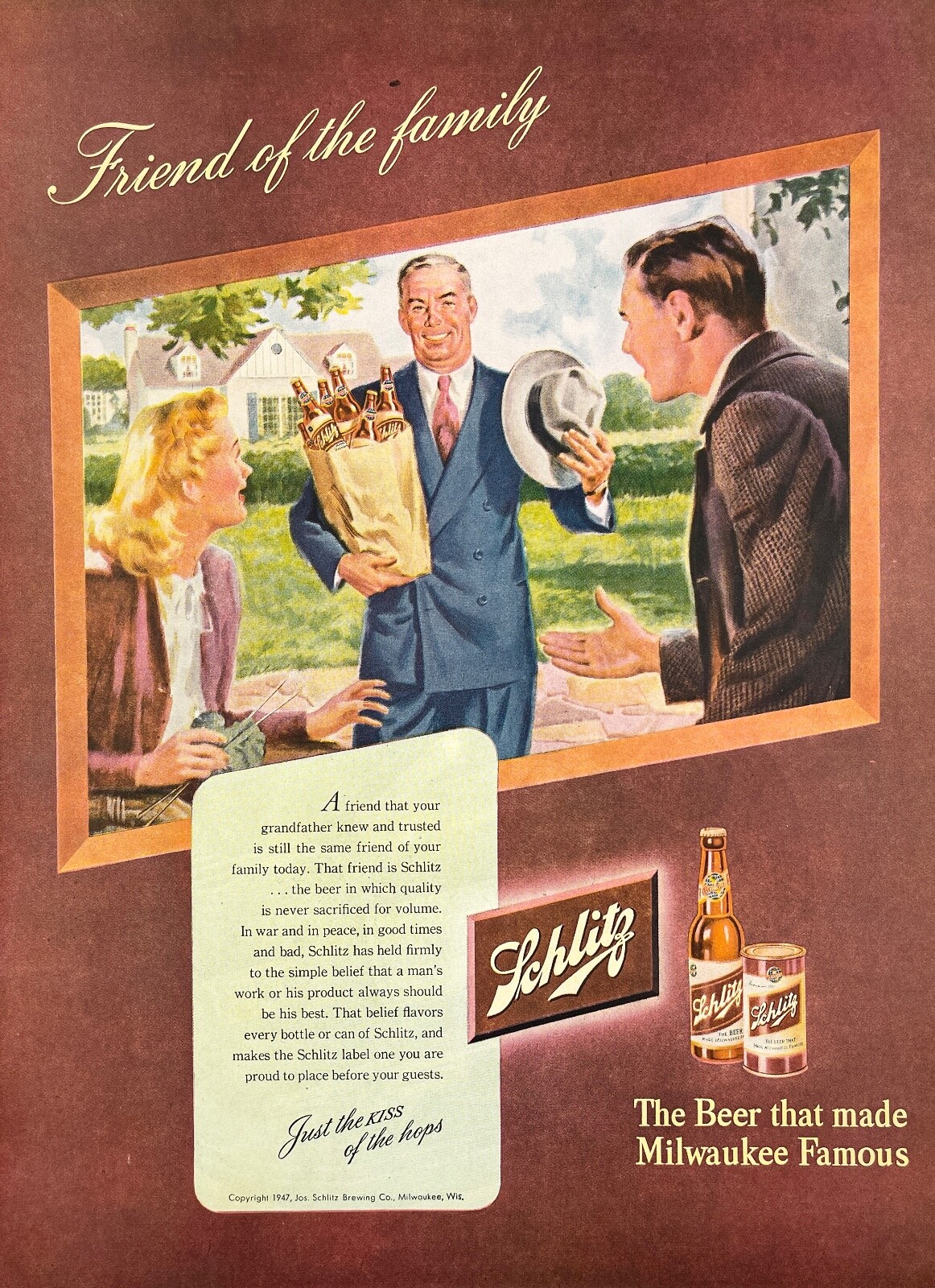 1947 Schlitz Beer Friends Milwaukee Famous Wall Art 40s Mag Vintage Print Ad