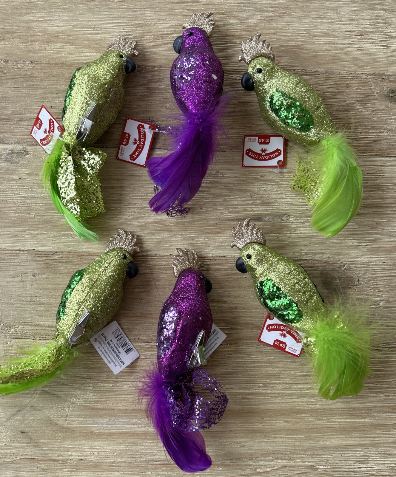 Holiday Time TROPICAL COCKATOO PARROT BIRDS ORNAMENT GLITTER CLIPON FEATHER TAIL